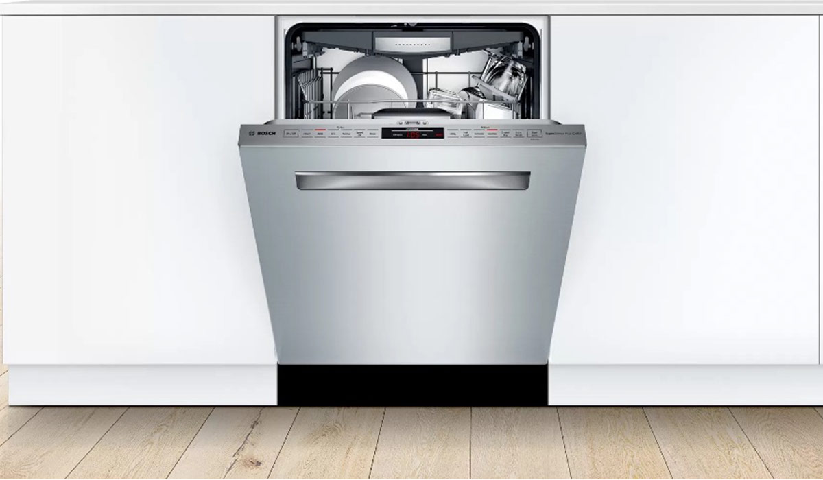 Bosch 800 dishwasher with door partially open and dishes inside.