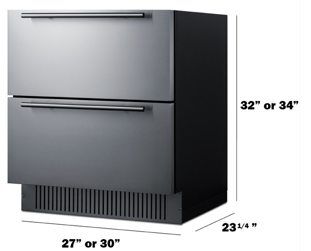 27" Drawer Refrigeration Series available in SKUs: SPR275OS2D / SPR275OS2DADA  33 ⅞" / 31 ⅞" H x 26 ¾" W x 23 ¼" D  30" Drawer Refrigeration Series available in SKUs: SPR3032D / SPR3032DADA  33 ⅞" / 31 ⅞" H x 29 ½" W x 23 ¼" D