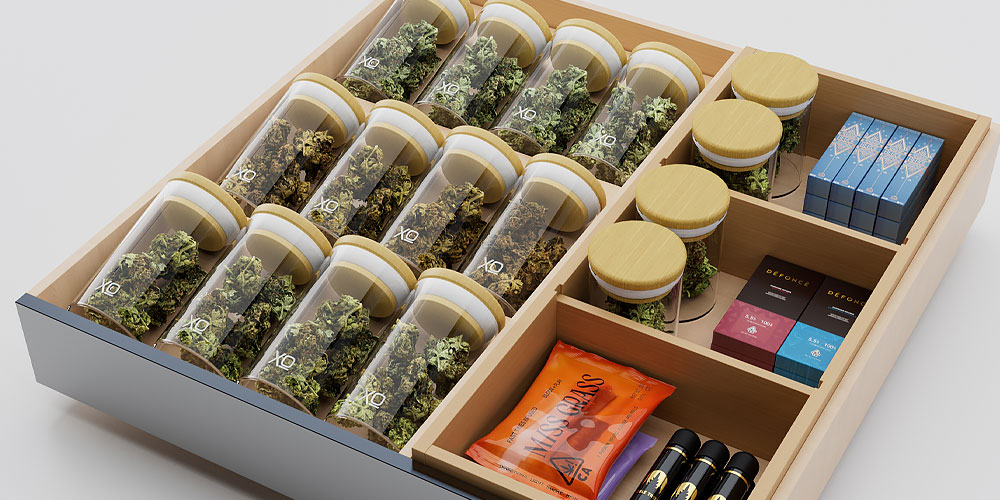 Two glide-out cedar drawers for storing your favorite cannabis flower, concentrates, pre-rolls and edibles