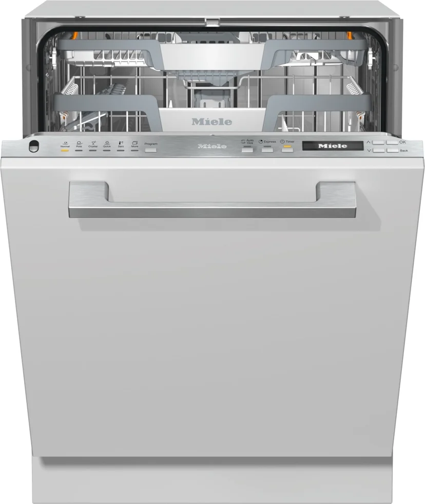 Front facing view of a Miele dishwasher slightly open