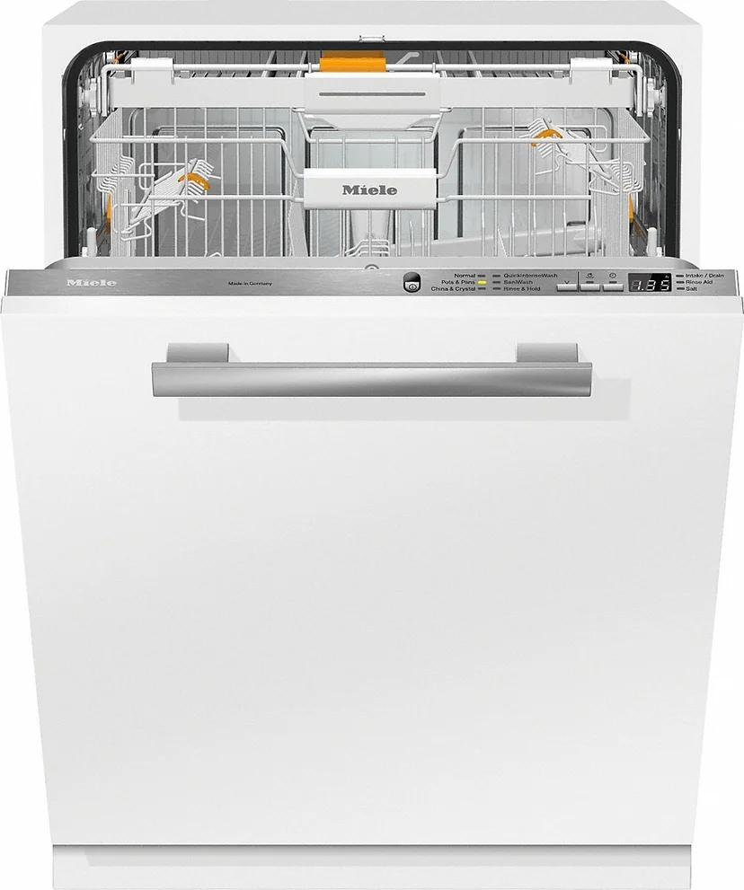 Front facing view of Miele G7156SCVI dishwasher slightly open